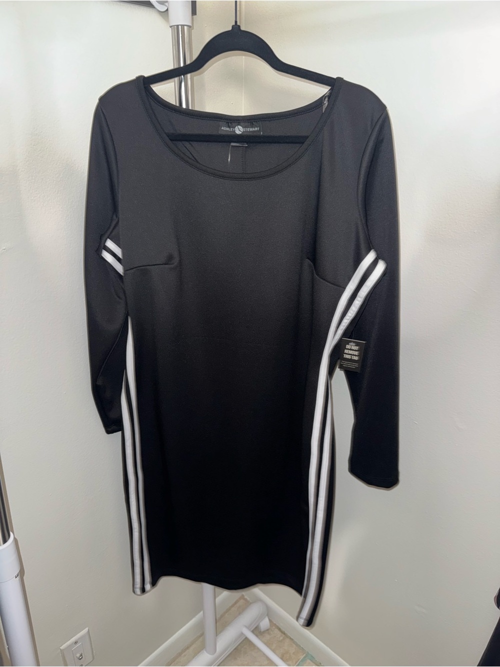 Ashley Stewart Black Long Sleeve Dress with White Side Stripes